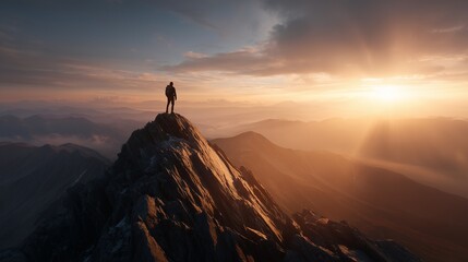A solitary silhouette gazes from a peak as the first light of day breaks across the horizon