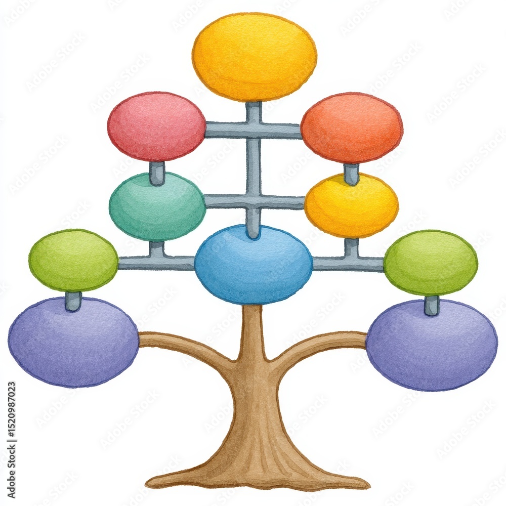 Poster stylized illustration of a colorful tree with interconnected spheres representing a network or hiera