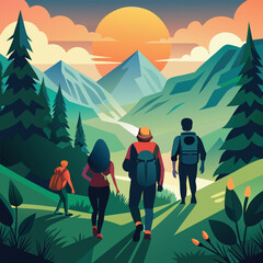 Group Hiking Through Mountain Landscape at Sunset Illustration with Backpacks