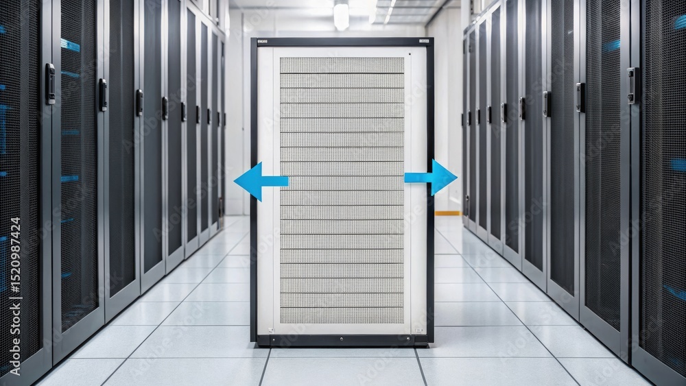 Poster furnace filter concept. data center with server racks and cooling units.