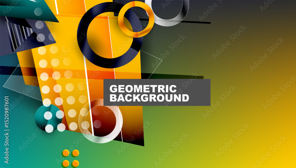 Poster bright geometric composition. circles, triangles, squares create dynamic design. yellow, teal, gray 