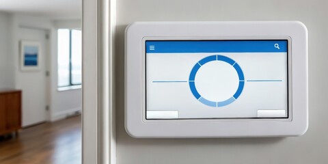 Smart home control panel in a modern interior setting.