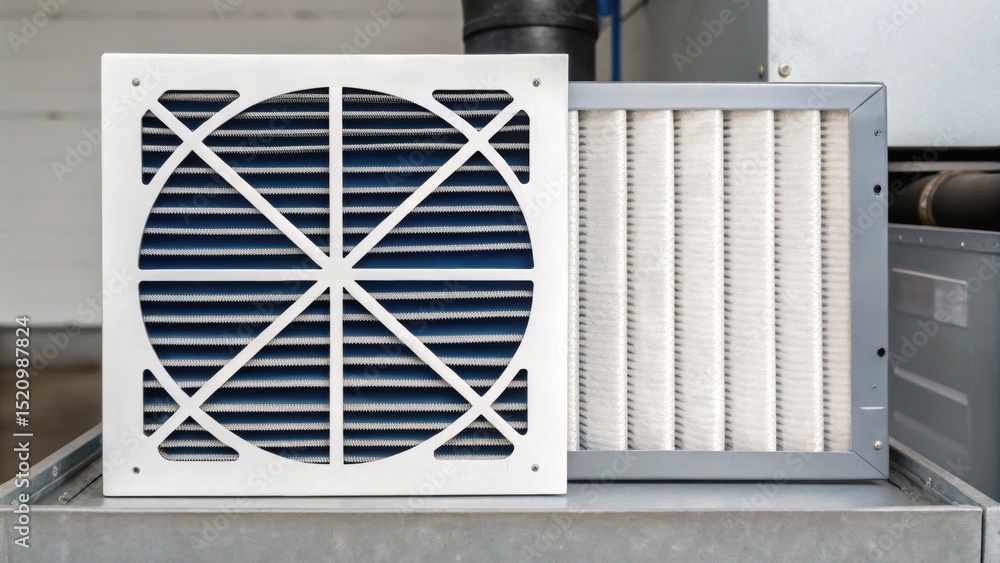 Aufkleber furnace filter concept. air conditioning unit with a filter and fan component visible.