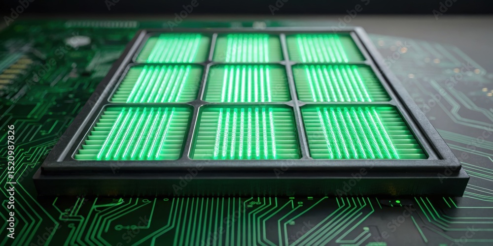 Poster furnace filter concept. high-tech circuit board with illuminated green components.