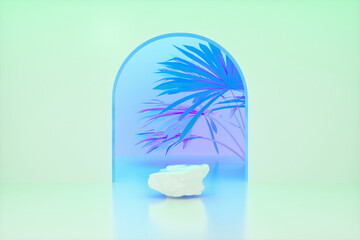 Beauty fashion backdrop for product display with summer tropical leaves. 3d rendering