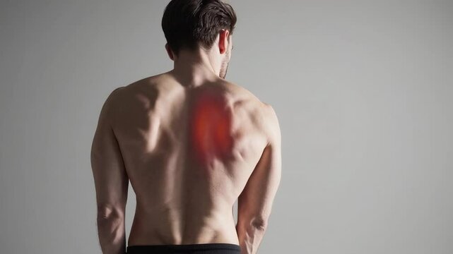 Shirtless athletic man showing upper and middle back pain, highlighted in red, against neutral background, useful for illustrating medical conditions and treatments