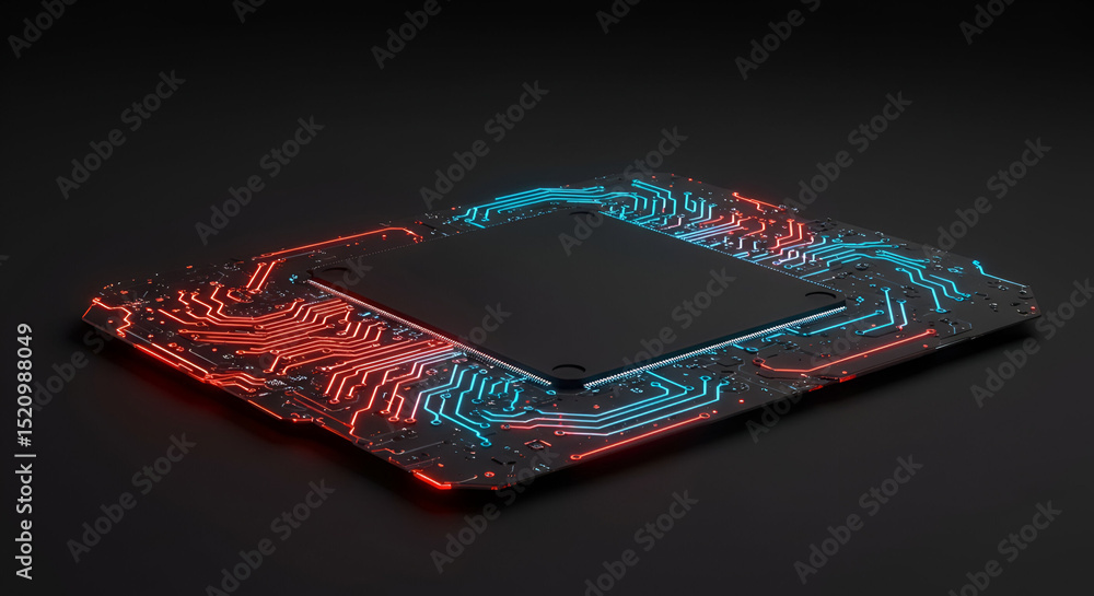 Poster modern circuit board with glowing red and blue lines in a dark studio setting. high-tech component a