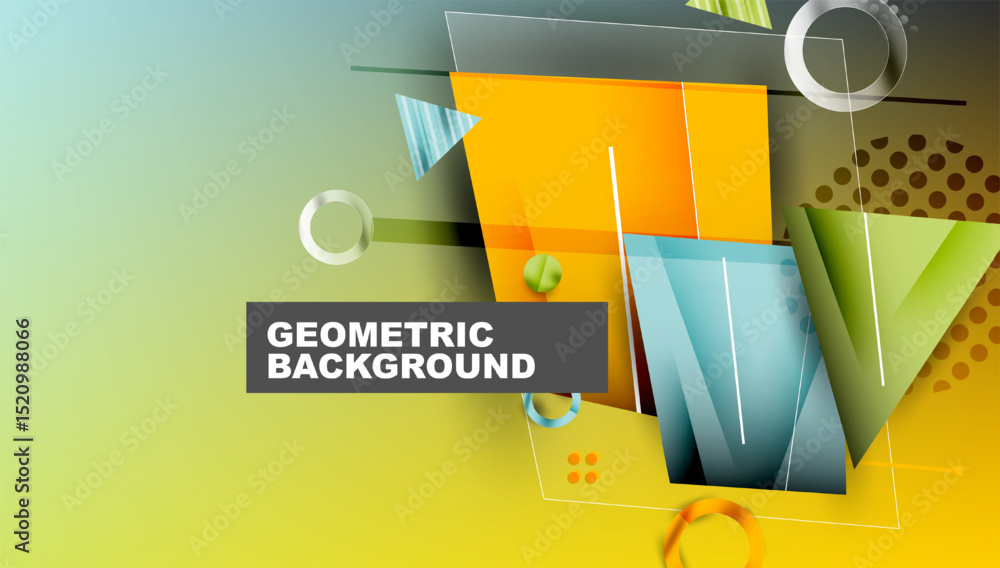 Poster Abstract geometric background. Bright colors, shapes overlap creating dynamic visual effect. Modern design elements present.