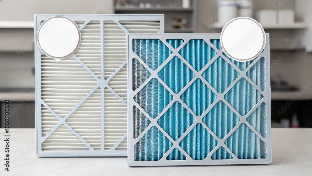Poster furnace filter concept. air filters displayed on a light surface in a clean environment.