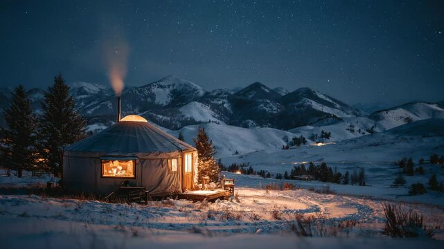 Cozy Cabin Surrounded By Snowy Mountains Under Starry Night Sky