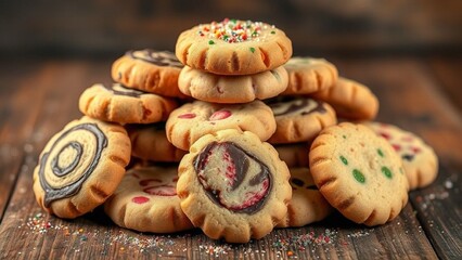 A stack of biscats with different flavors, topped with edible glitter."