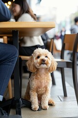Poodle Sitting by Table at Outdoor Cafe with People Around
