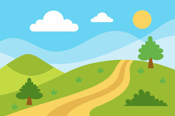 Obraz premium Rolling landscape with green trees and mountains under a summer sky, a serene nature illustration