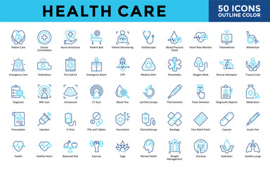 Health Care icons set with patient care, doctor consultation, nurse assistance, patient bed, patient monitoring, stethoscope, blood pressure check icon. Simple outline color vector 
