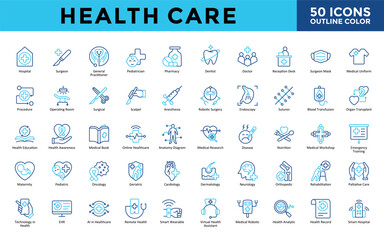 Health Care icons set with hospital, surgeon, general practitioner, pediatrician, pharmacy, dentist, doctor, reception desk, surgeon mask, medical uniform icon. Simple outline color vector 
