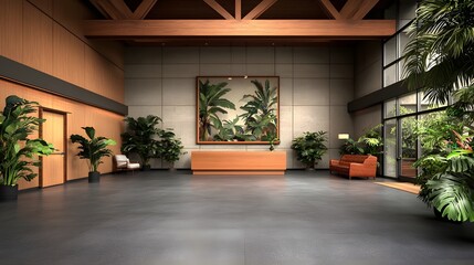 A modern nature inspired corporate lobby interior with lush greenery  long title A contemporary