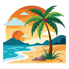 Illustrated Tropical Beach Sunset Landscape with Palm Tree Silhouette and Gentle Waves