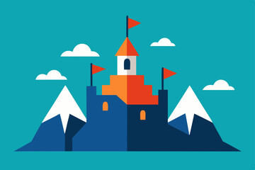 Fototapeta premium Vector cartoon illustration of a medieval fantasy castle in the mountains with towers, flags, and a starry night sky