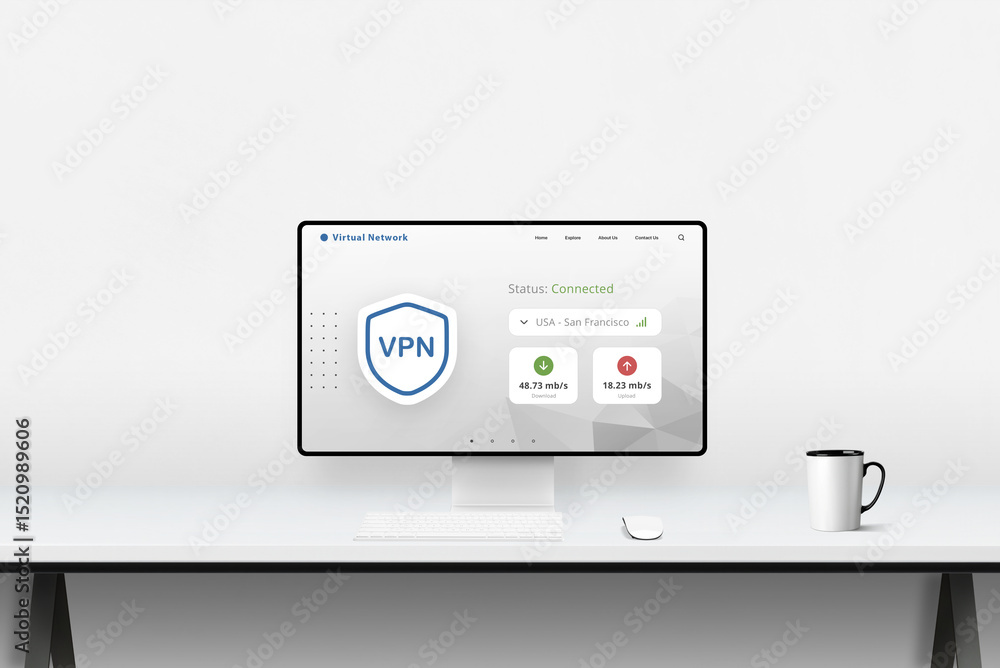 Aufkleber Front view of a workstation with a display showing a stylish VPN dashboard. The interface highlights a live connection status to a U.S. server, making it ideal for concepts of online security