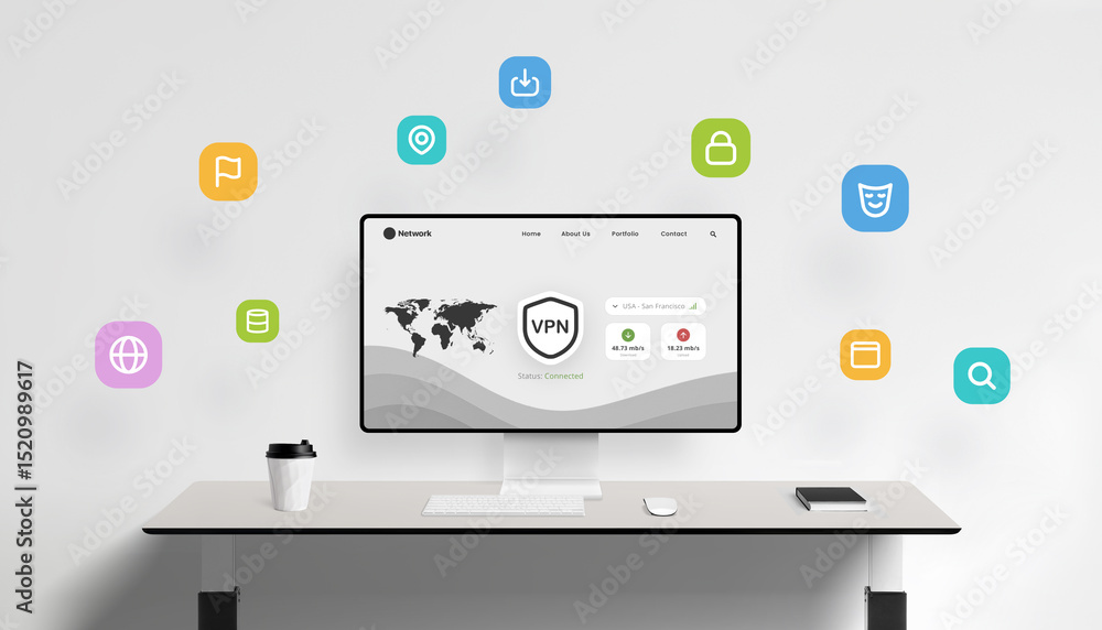 Aufkleber Modern VPN dashboard interface with floating icons for privacy, encryption, and secure browsing on desktop screen in clean office environment.