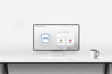 Front view of a workstation with a display showing a stylish VPN dashboard. The interface...