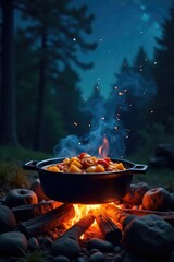 Delicious campfire stew bubbling in a cast iron pot over glowing embers, surrounded by rustic camping gear under a starry night sky , woods, travel