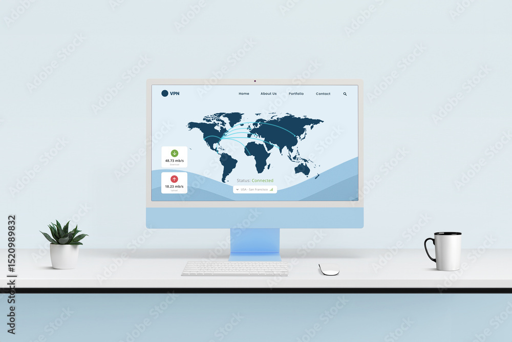 Poster VPN dashboard with global server map, connection status and speed meter shown on a blue desktop screen in a modern workspace concept.