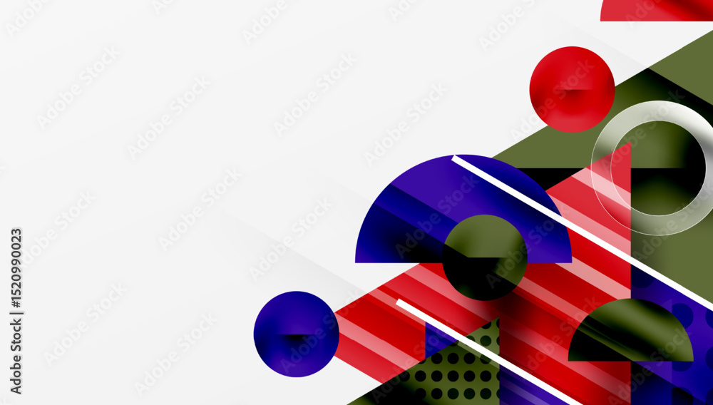 Poster Abstract geometric composition. Shapes overlap, creating dynamic visual interest. Colors include red, blue, green, white, silver. Modern design.