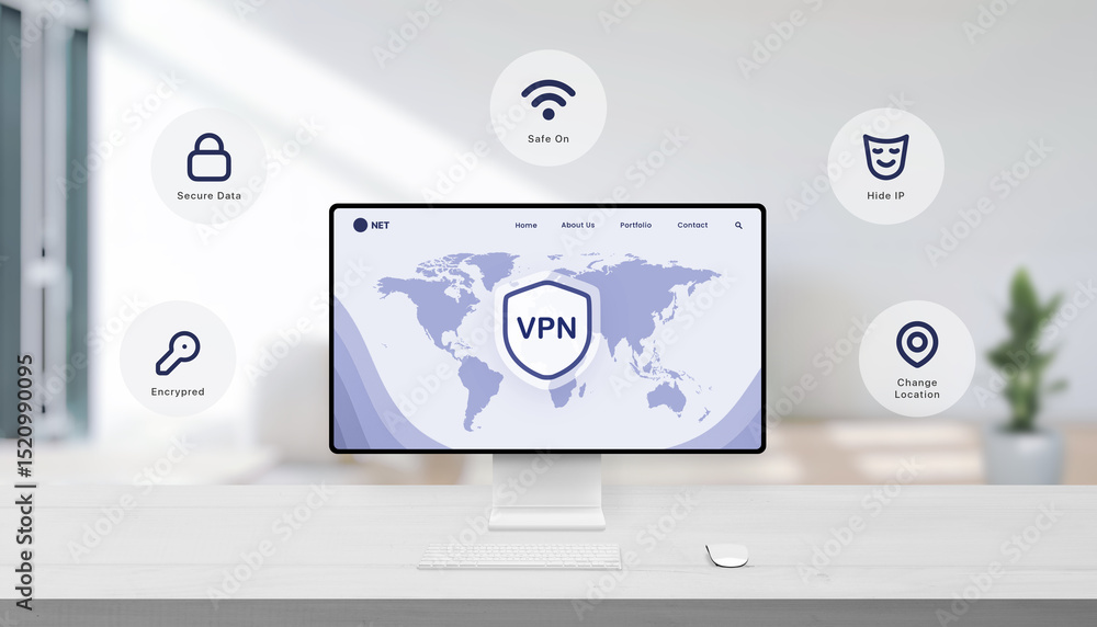 Aufkleber World map with VPN shield and floating icons showing encrypted, safe connection, hidden IP, secure data and virtual location change.