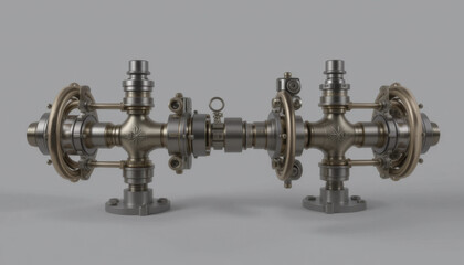 detailed, symmetrical steampunk inspired mechanical device with intricate gears and metallic components, showcasing industrial design and craftsmanship. device features brass finish and complex