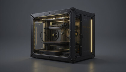 Obraz premium sleek, modern 3D printer encased in transparent, illuminated box, showcasing its intricate components and design. ambient lighting highlights machine advanced technology and precision
