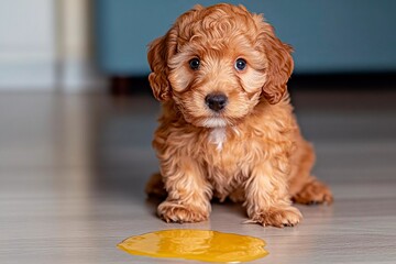 Guilty Puppy Sitting Next to Pee on Floor

