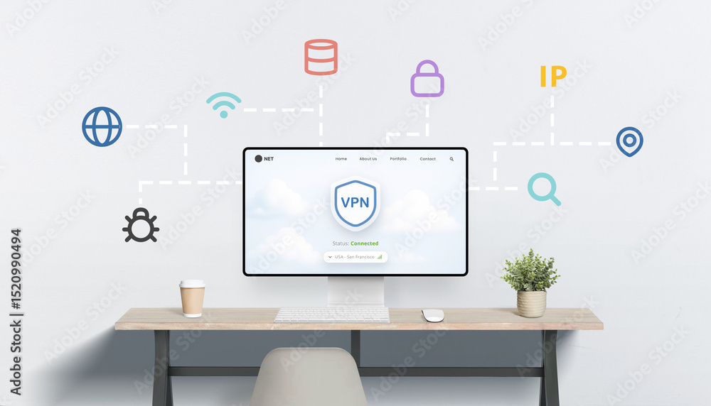 Aufkleber Connected VPN dashboard with visual lines linking to key icons symbolizing encryption, global access, and secure browsing