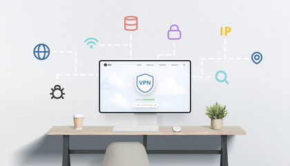 Connected VPN dashboard with visual lines linking to key icons symbolizing encryption, global...