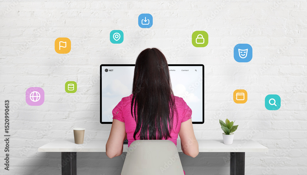 Poster Woman working on desktop computer, VPN icons floating around her represent privacy, encryption, and secure connection.
