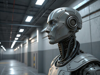 Realistic humanoid robot with detailed metallic texture in high-tech environment – Robot humanoide realista con textura metálica detallada en entorno tecnológico