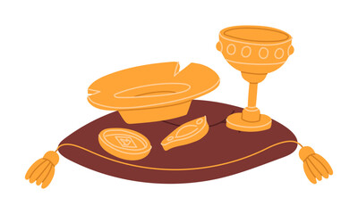 golden objects are Grail chalice, golden dishes and coin on pillow, like museum exhibit. Archaeological find. Flat color illustration. scientific projects, encyclopedias, museum exhibitions, history