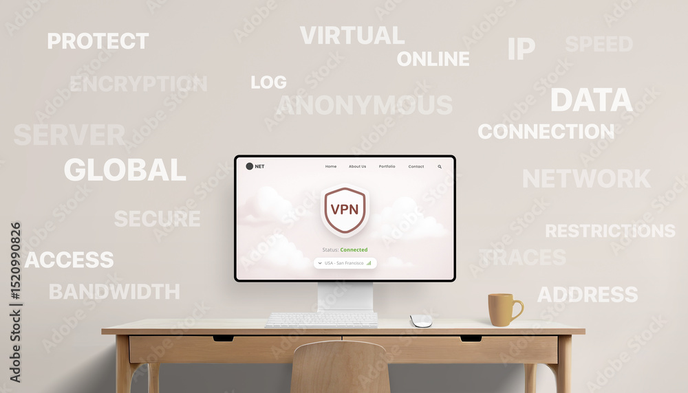 Poster VPN dashboard on screen with numerous wall words like protect, virtual, anonymous, and online in a secure workspace setup