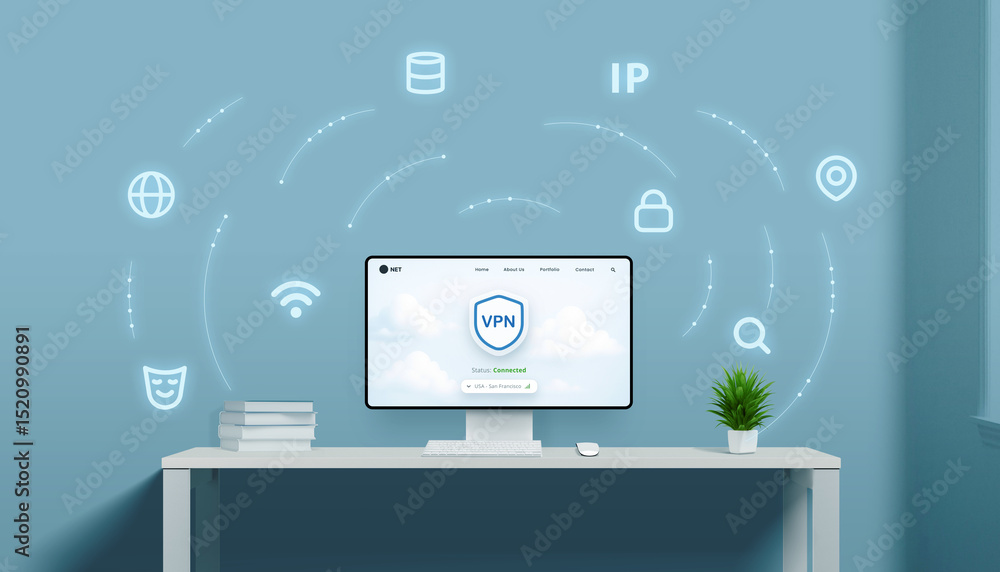 Aufkleber Digital VPN concept with flowing cloud nodes linking protection icons around a central screen in a tech-themed setting