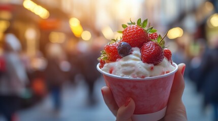 Hand holding of Glass with strawberry dipped in chocolate and pistachio,empty sunday market background,Kunafa Pistachio,dubai chocolate,copy space.