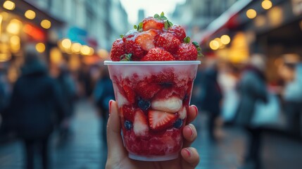 Hand holding of Glass with strawberry dipped in chocolate and pistachio,empty sunday market background,Kunafa Pistachio,dubai chocolate,copy space.