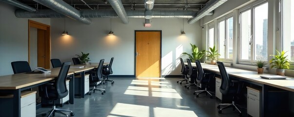Empty office desks, abandoned workstations, closed doors, signs of a deserted workplace Suggests business closure, economic downturn, or remote work transition , chairs, downturn