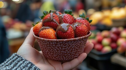 Hand holding of Glass with strawberry dipped in chocolate and pistachio,empty sunday market background,Kunafa Pistachio,dubai chocolate,copy space.
