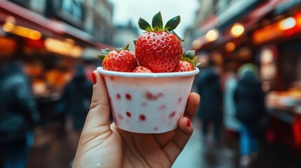 Hand holding of Glass with strawberry dipped in chocolate and pistachio,empty sunday market background,Kunafa Pistachio,dubai chocolate,copy space.