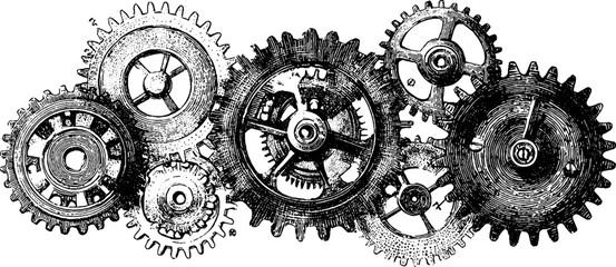 Intricate engraved illustration of asymmetric gear facades for design and art projects