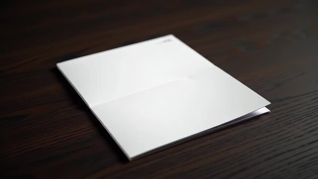 Blank white brochure, booklet opened on a dark wood grain table