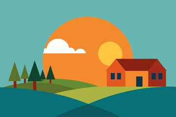 Vector illustration of a mountain house landscape with a cartoon village building and summer sky