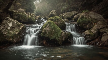 Fototapeta premium Silky Smooth Waterfall Flowing Through Forest Scene 