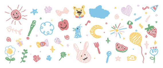 Cute kids hand drawn doodle vector. Flower, cloud, sun, apple, bear, watermelon, balloon, strawberry, candy, summer illustration. Design for fabric, sticker, icon, kids.