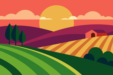 Green rural landscape with fields and hills under a blue sky, illustrating nature's serene summer scenery with distant mountains